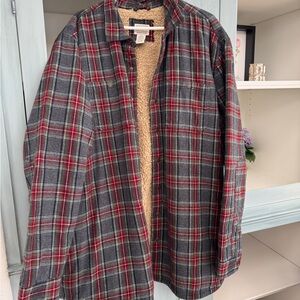 L.L. Bean Red and Gray Plaid Sherpa Jacket